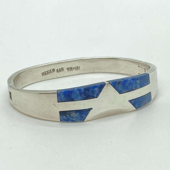 Vtg Taxco 925 Sterling Silver Lapis Pinch Bracelet TM-181 | 7” C | 1.9” D | 51g - Picture 5 of 13